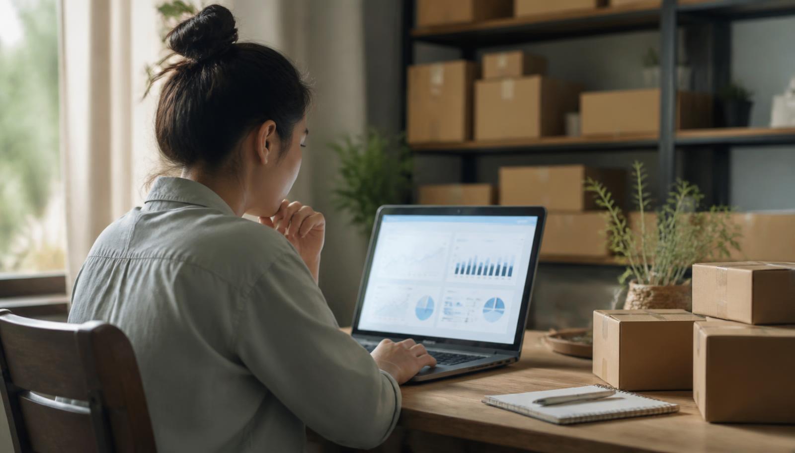 Vendedora online revisando un panel de ventas en su computadora junto a cajas de envío